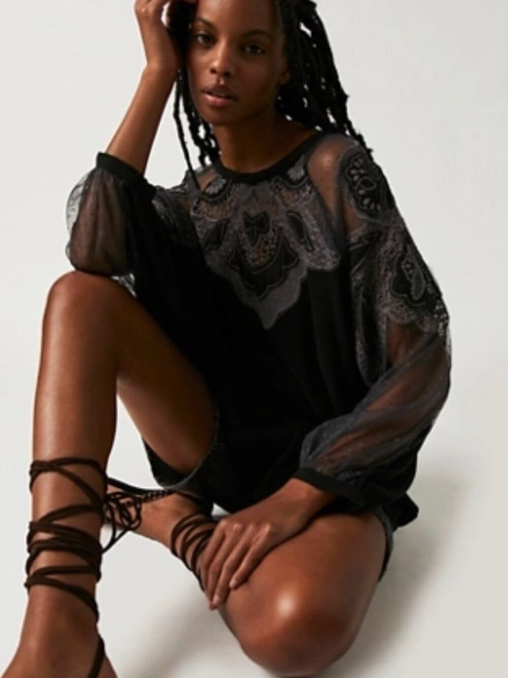 NWOT - Free People Toni Top with Sheer Jacquard Mesh and Floral Lace